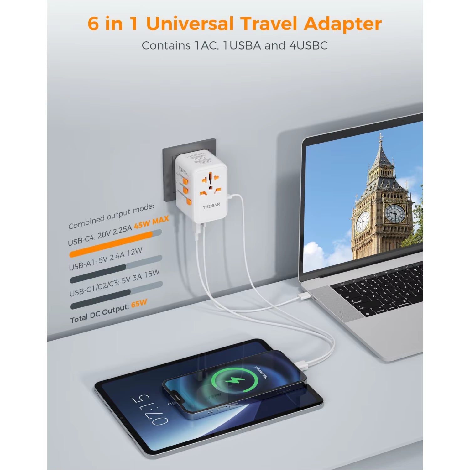 65W Gan Universal Travel Adapter Worldwide with USB and Type C Fast Charging Power Adapter EU/UK/USA/AUS Plug for Travel