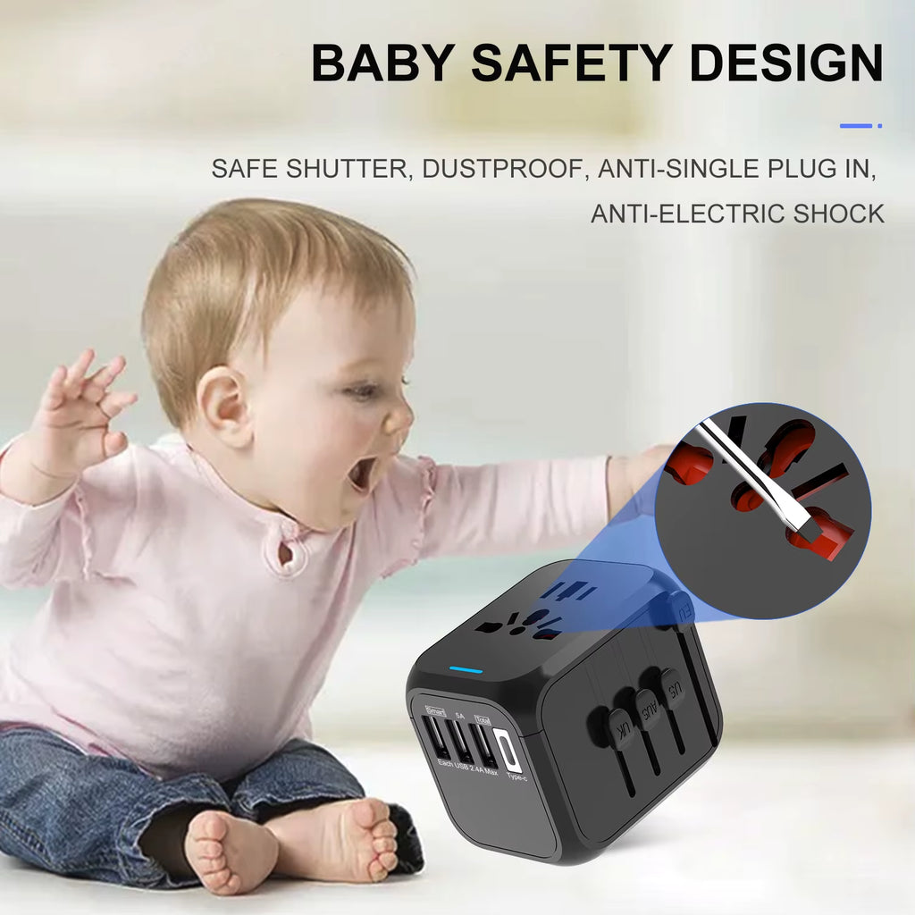 Universal Travel Adapter 3 USB 1 Type-C Port Fast Charging International Plug Adapter for EU UK US Australia Power Charger