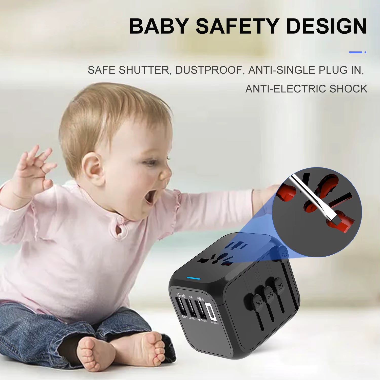 Universal Travel Adapter 3 USB 1 Type-C Port Fast Charging International Plug Adapter for EU UK US Australia Power Charger