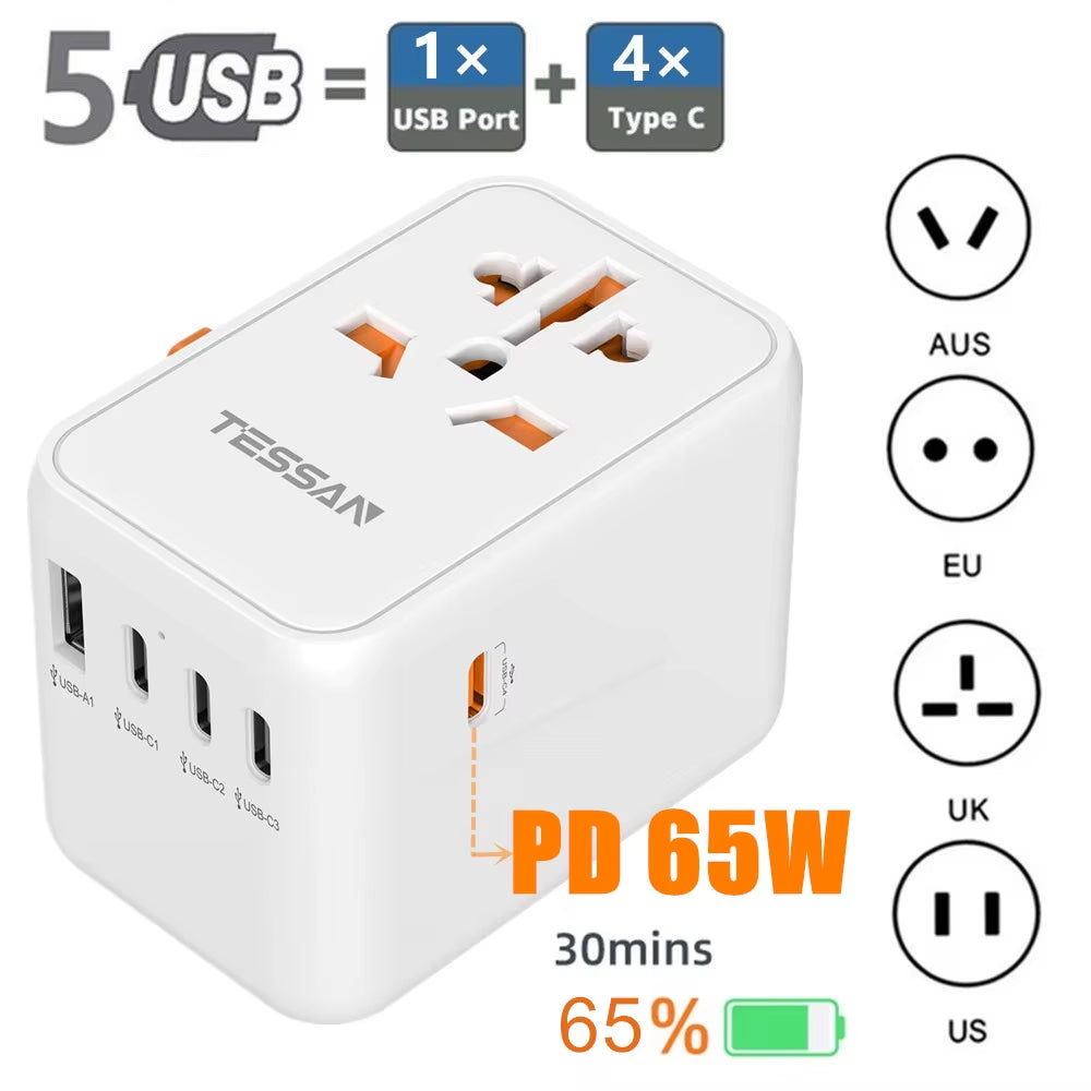 65W Gan Universal Travel Adapter Worldwide with USB and Type C Fast Charging Power Adapter EU/UK/USA/AUS Plug for Travel