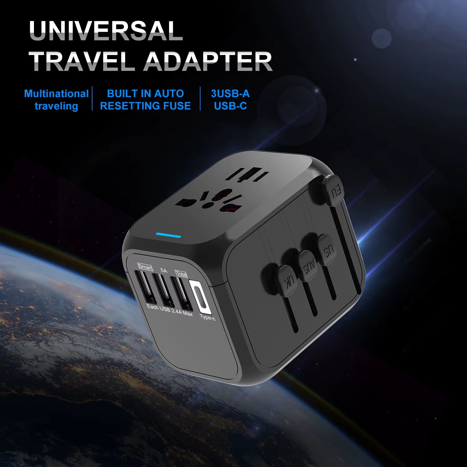 Universal Travel Adapter 3 USB 1 Type-C Port Fast Charging International Plug Adapter for EU UK US Australia Power Charger