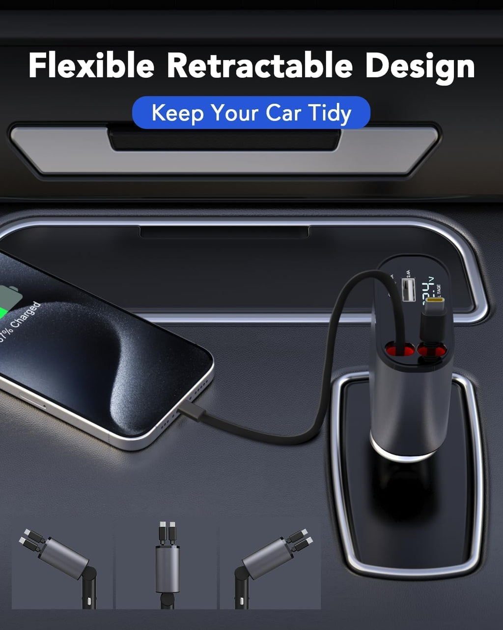 Retractable Car Charger, 4 in 1 Fast Car Phone Charger 120W, Retractable Cables and USB Car Charger,Compatible with Iphone 15/14/13/12/11,Galaxy,Pixel
