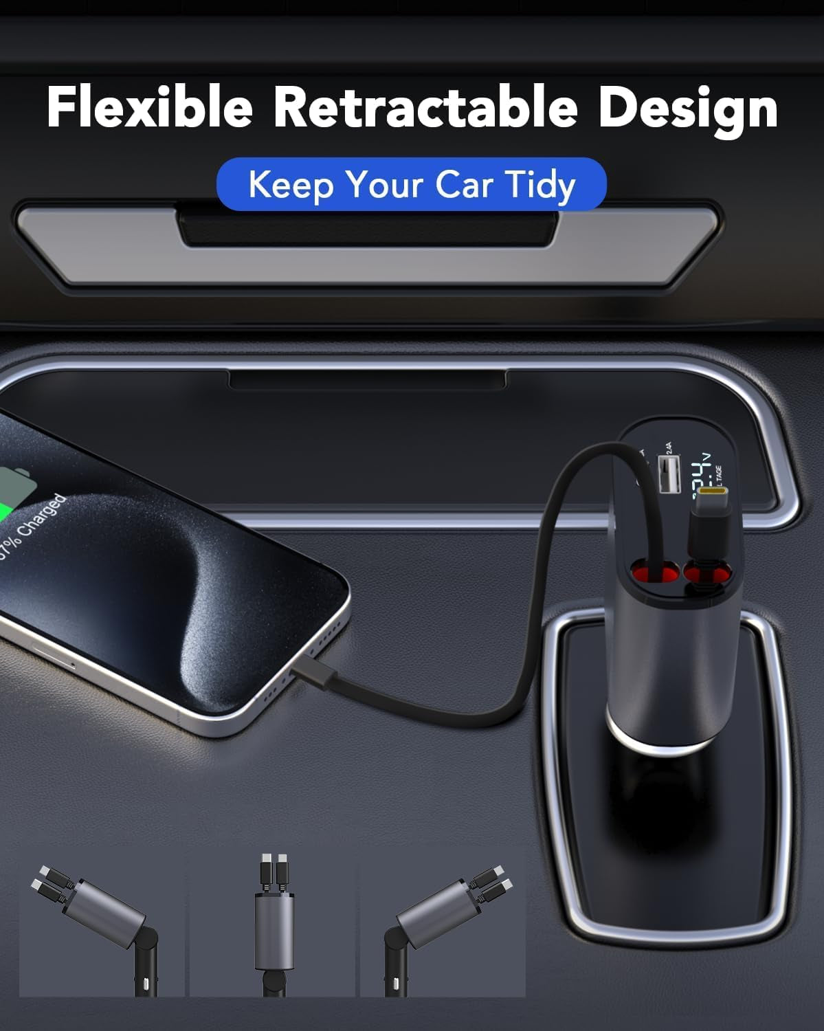 Retractable Car Charger, 4 in 1 Fast Car Phone Charger 120W, Retractable Cables and USB Car Charger,Compatible with Iphone 15/14/13/12/11,Galaxy,Pixel