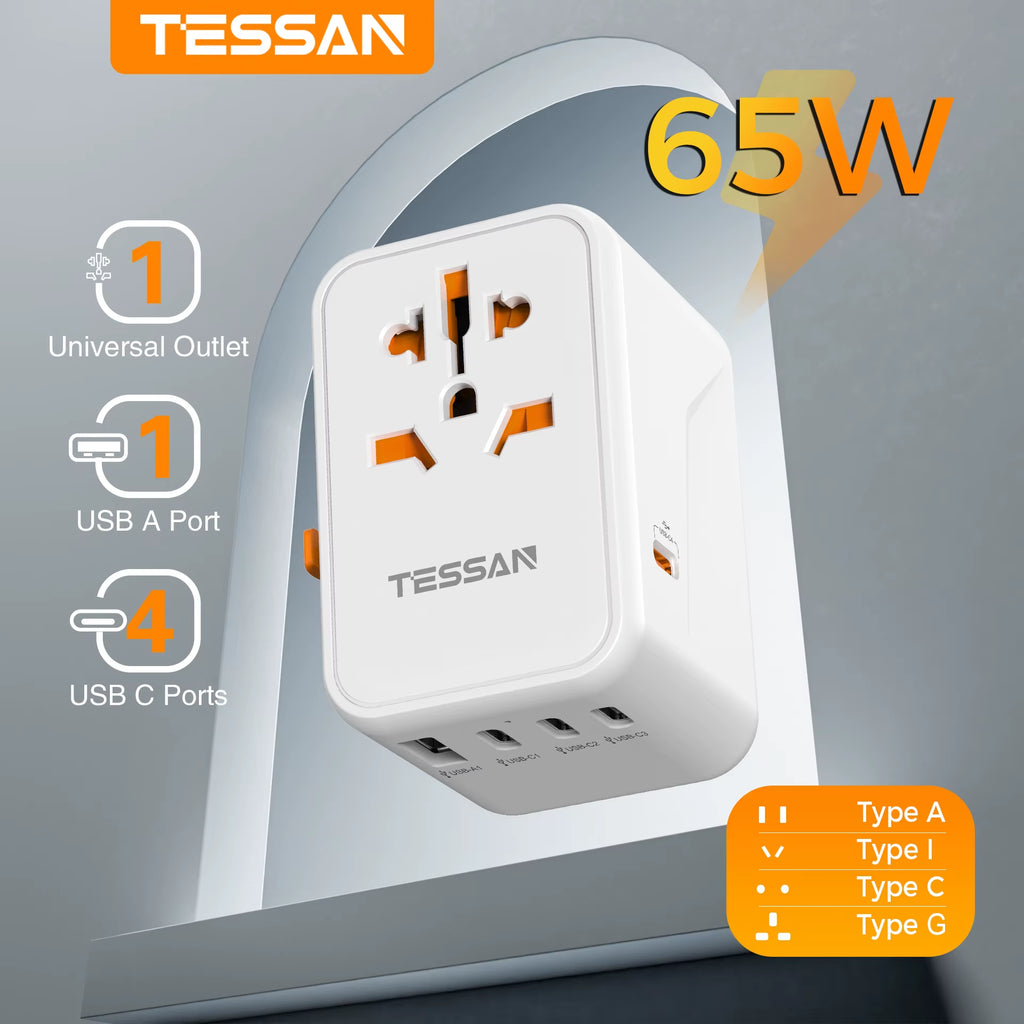 65W Gan Universal Travel Adapter Worldwide with USB and Type C Fast Charging Power Adapter EU/UK/USA/AUS Plug for Travel